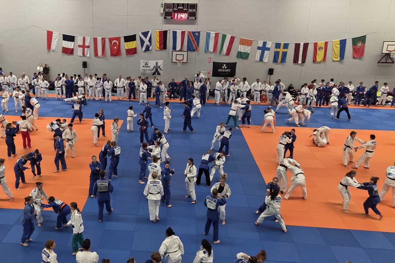 Große Kampfsportszene mit vielen Kämpfern auf blauen und orangefarbenen Matten in einer Halle, umgeben von Flaggen.